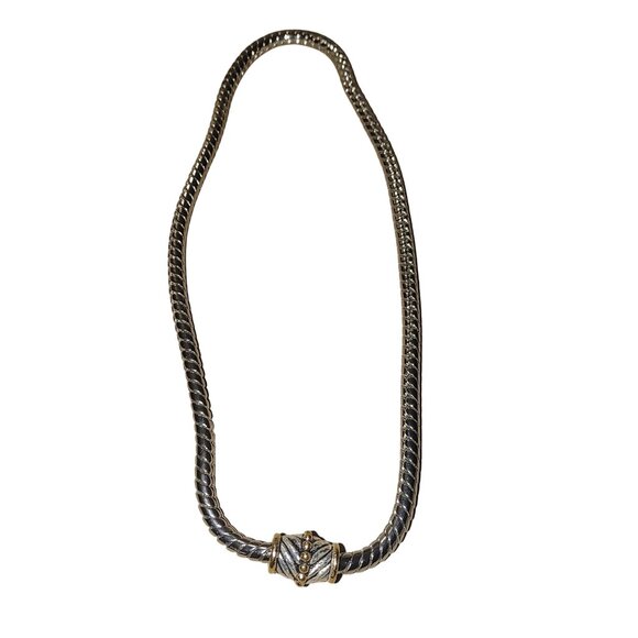 Necklace Silver Gold Tone Magnetic Clasp Braided Chain Textured Center Design - Picture 4 of 8